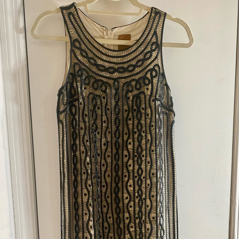 Beautiful black satin crochet with ivory underlay cocktail dress by Ali Ro